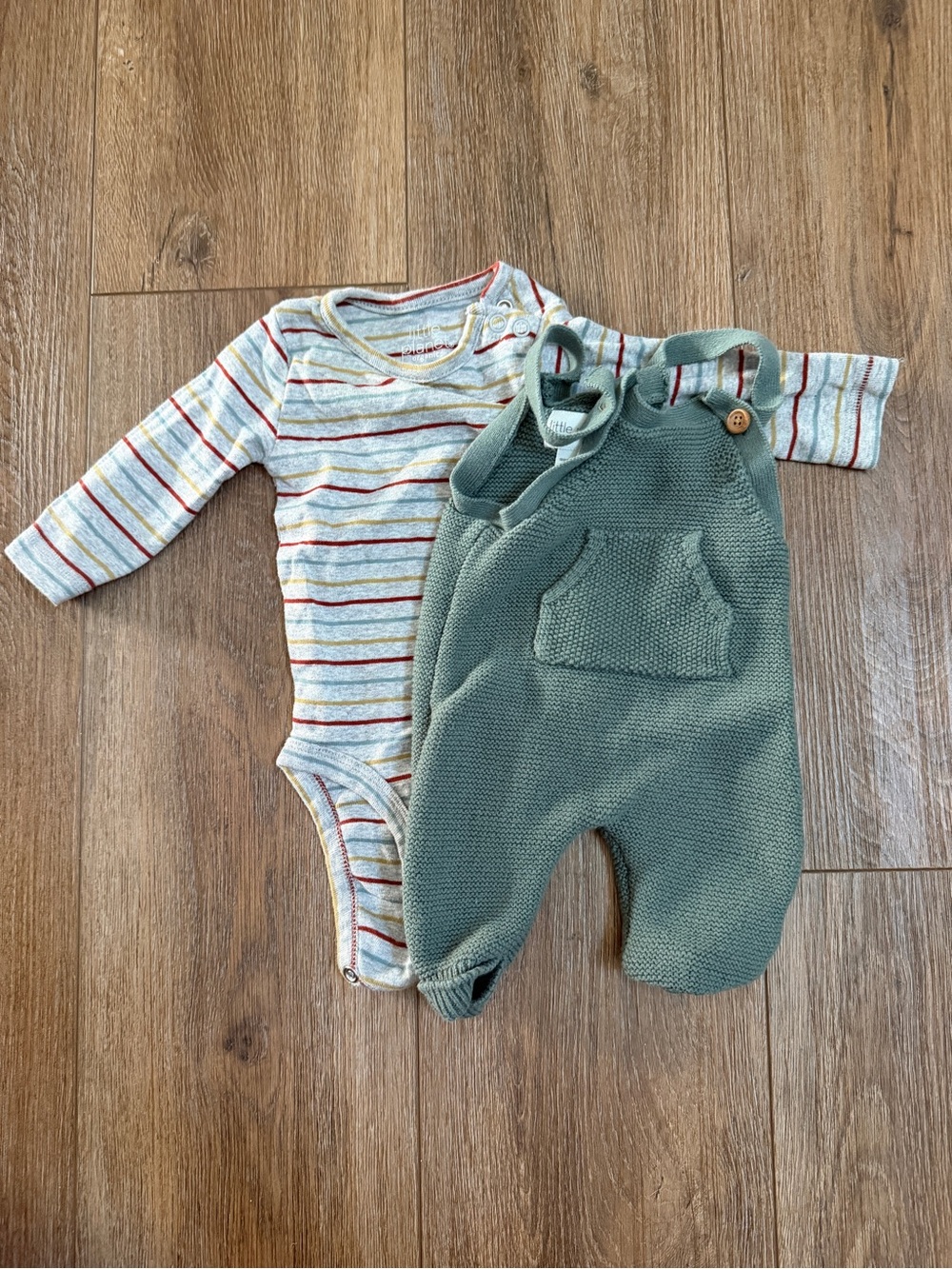 Little Planet Striped Long-Sleeve Bodysuit with Sage Knit Overalls